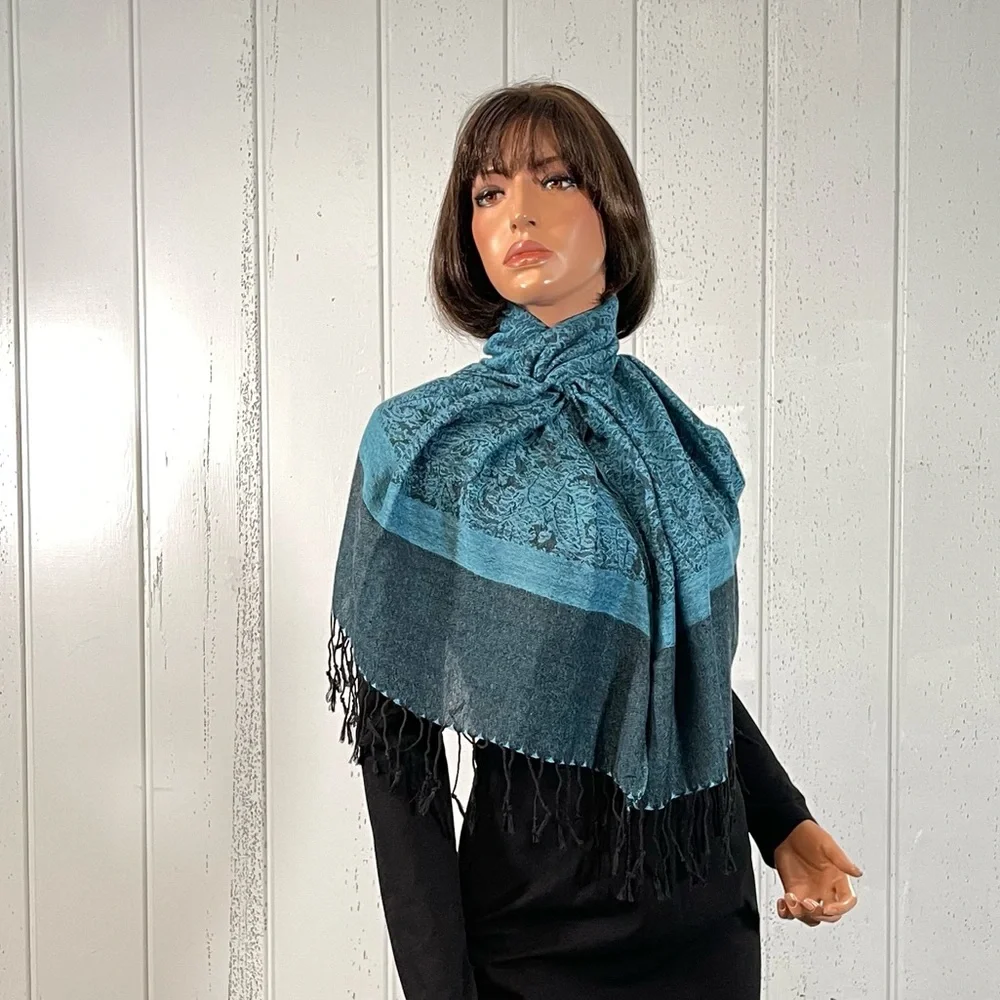 Women's Blue & Black Paisley Print Shawl Scarf with Fringe